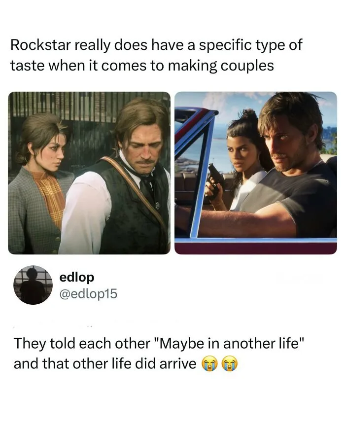 Side-by-side comparison of video game couples in funny and random posts about Rockstar games