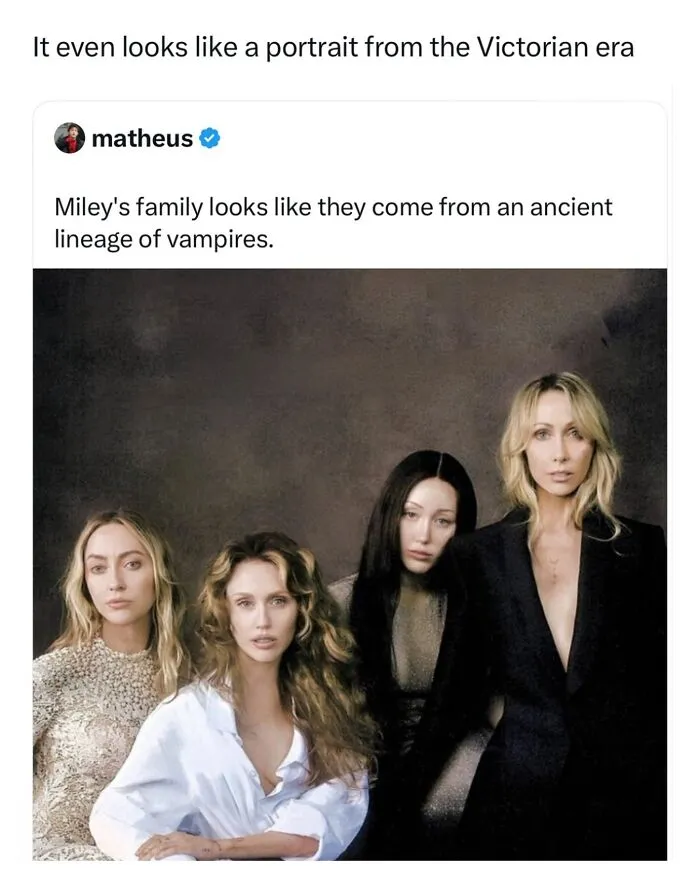 Funny and random post comparing Miley Cyrus family portrait to Victorian vampires.