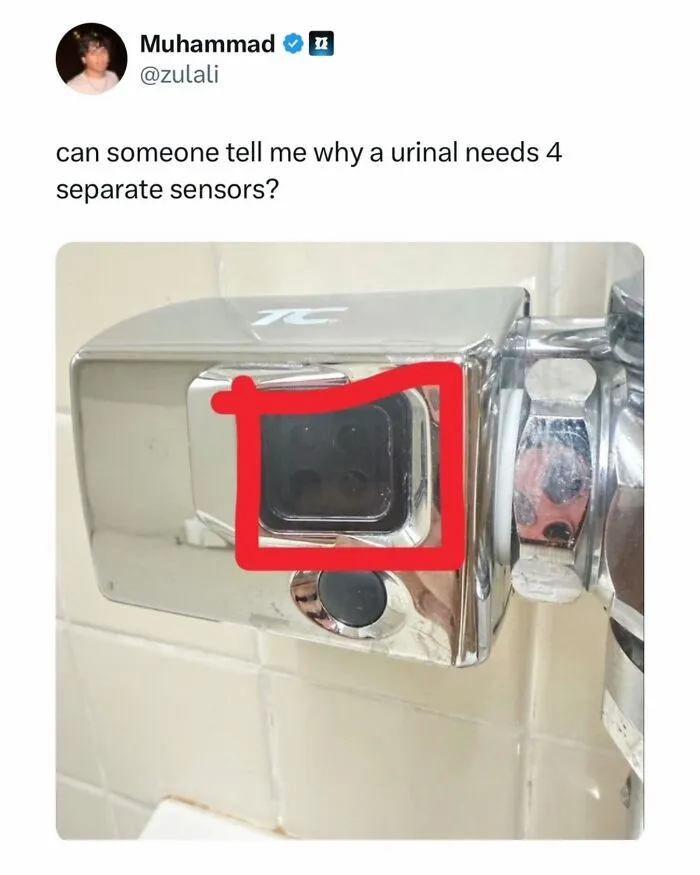 Funny and random posts screenshot showing chrome urinal flush mechanism with four sensor lenses.
