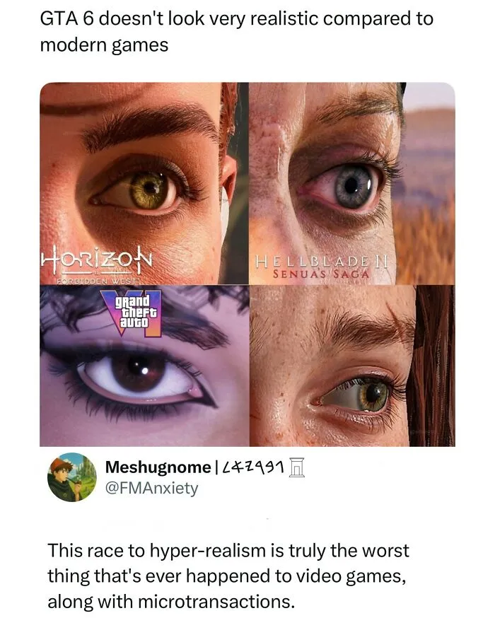 Funny and random posts comparing eye detail graphics across modern video games including GTA 6.