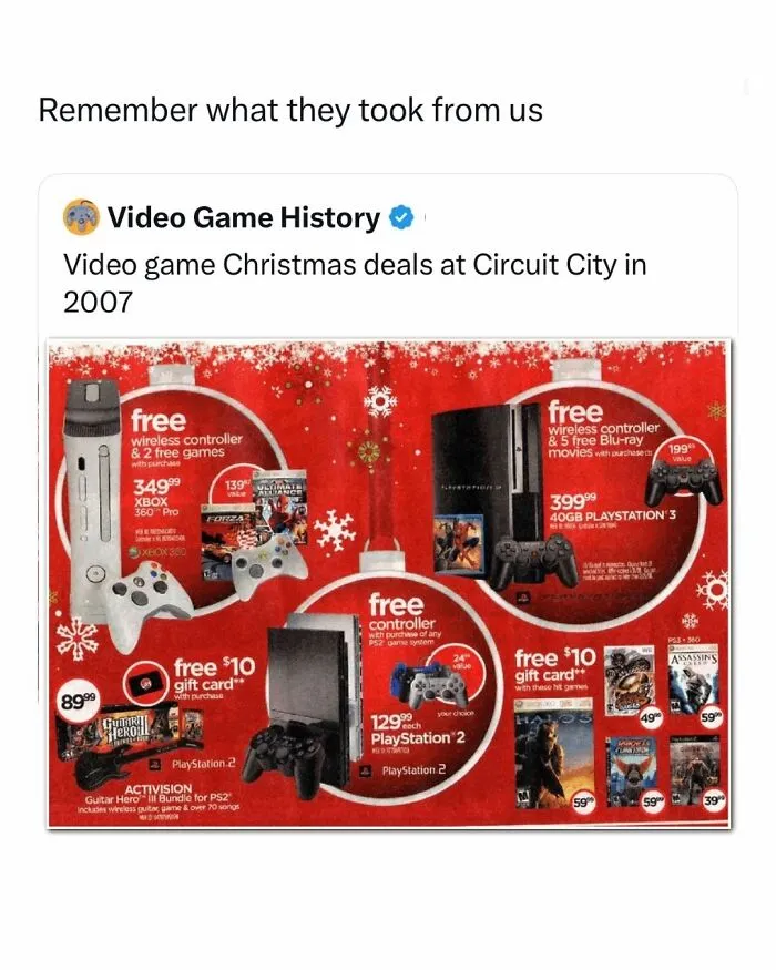 Funny and random posts featuring a retro Circuit City ad showing vintage video game holiday sales.