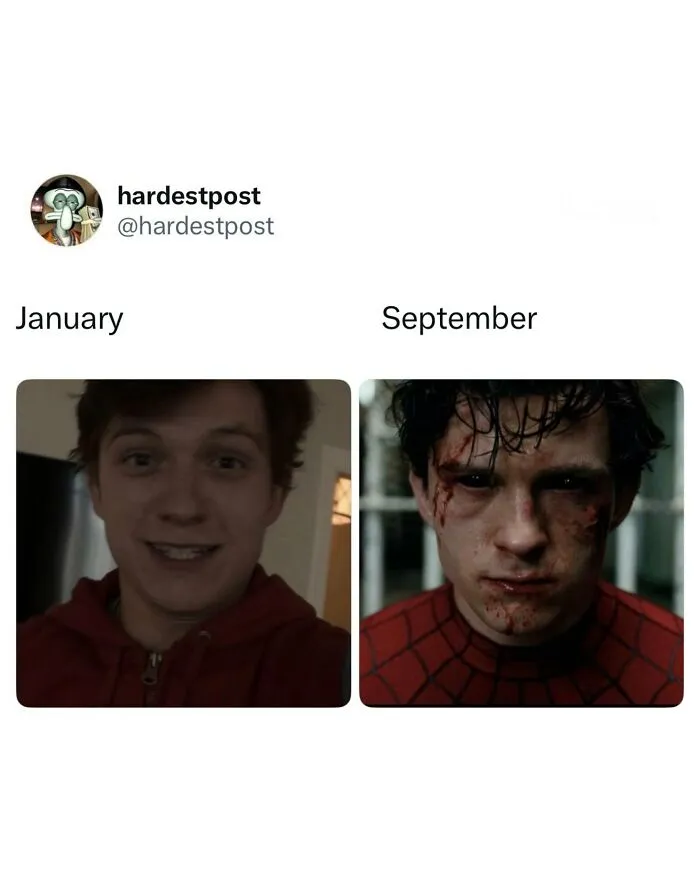 A side-by-side comparison meme of Tom Holland in January vs September from funny and random posts.