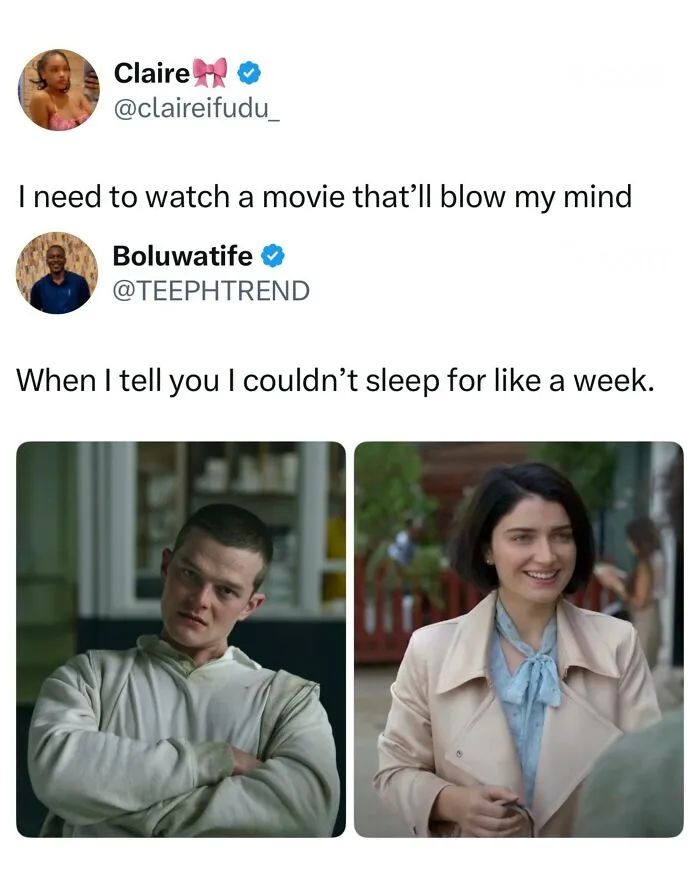 Stills from a mind-bending thriller movie shared as part of funny and random posts.