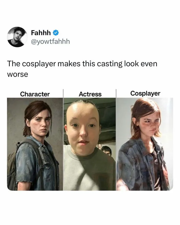 Funny and random post comparing a character, actress, and cosplayer side-by-side.