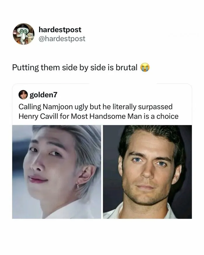 Funny post social media screenshot comparing BTS Namjoon and Henry Cavill side by side.