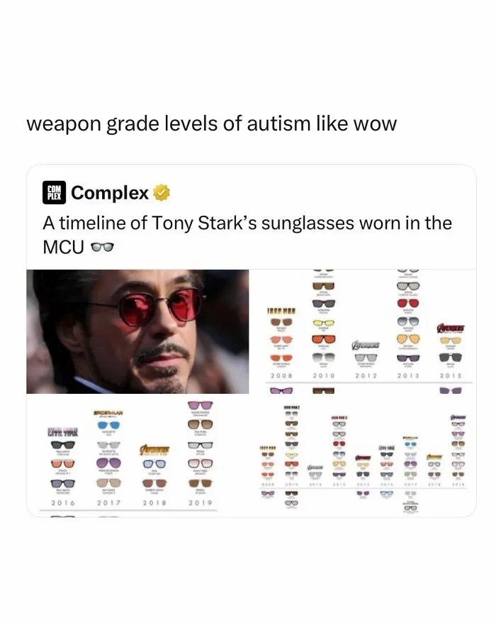Funny post displaying a visual breakdown of Tony Stark sunglasses in MCU movies.