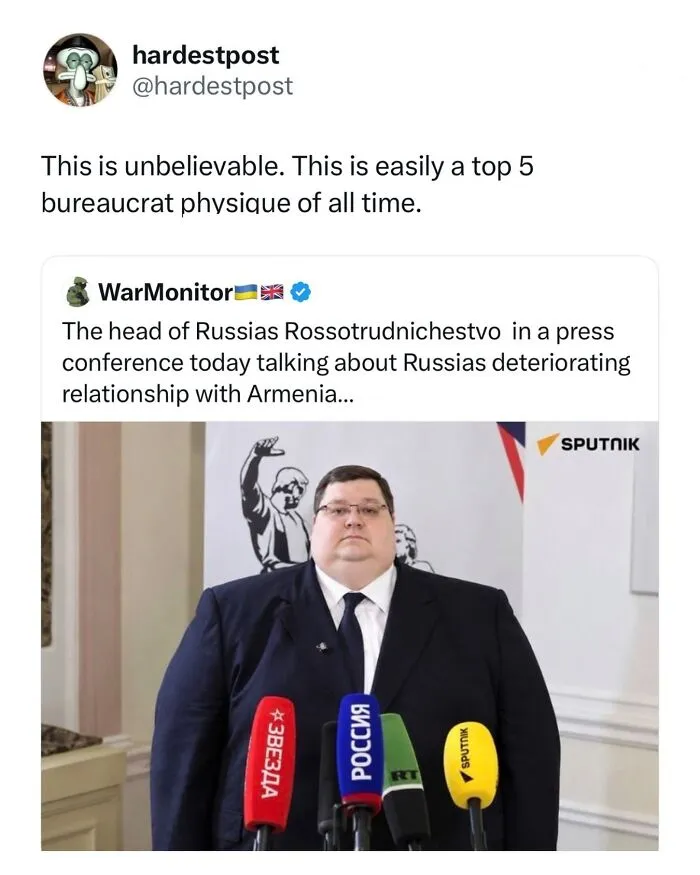 Funny post featuring a news screenshot of a Russian official during a press conference.