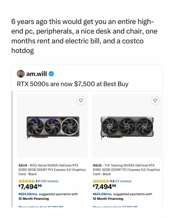 Funny post showing expensive graphics cards priced at over seven thousand dollars.