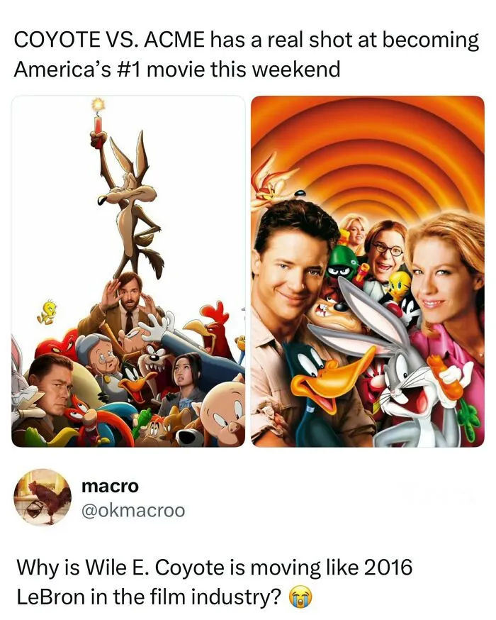 Funny post displaying movie promotional posters for Coyote vs Acme and Looney Tunes Back in Action.