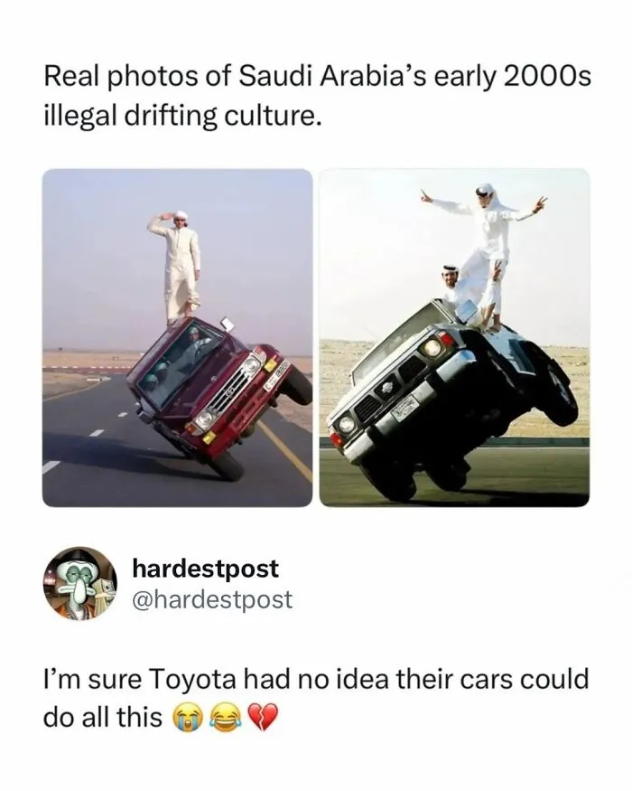 Funny random posts featuring people standing on two wheels of balancing cars in Saudi Arabia.