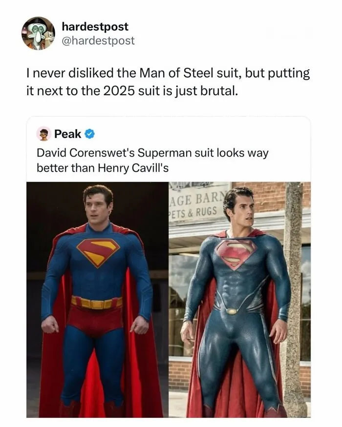 Funny post comparing David Corenswet and Henry Cavill in their respective Superman suits.