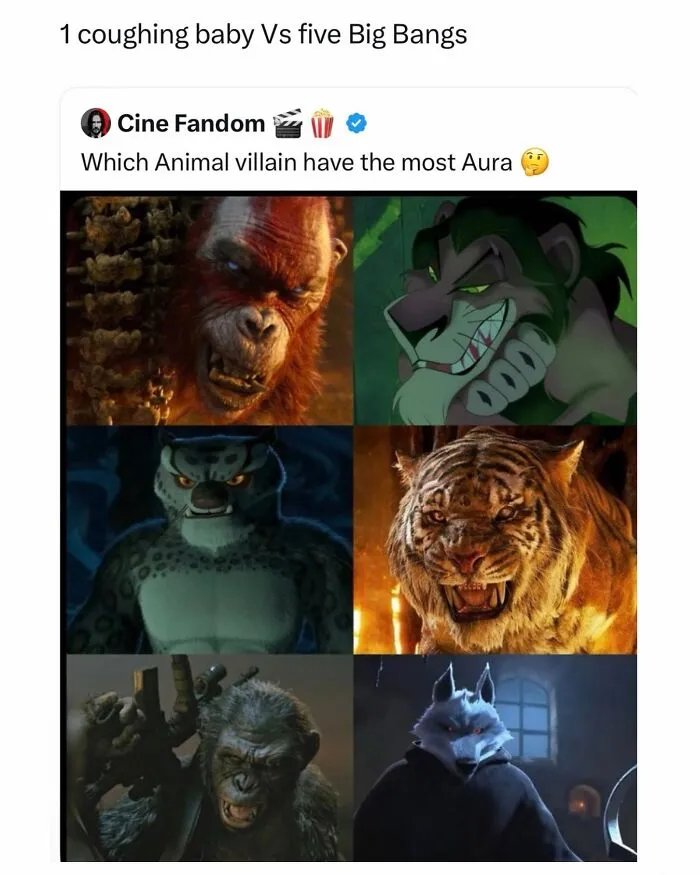 Random meme comparing animated animal villains with high aura in a 6-panel grid.