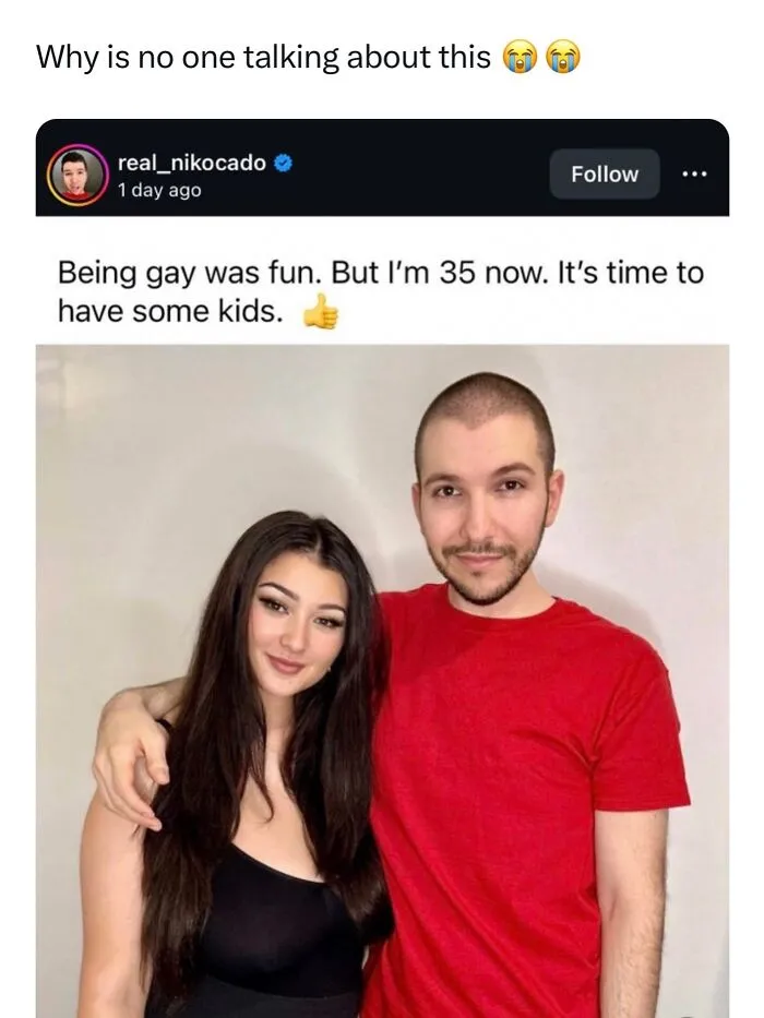 Random post showing Nikocado Avocado posing with a woman next to his text statement.