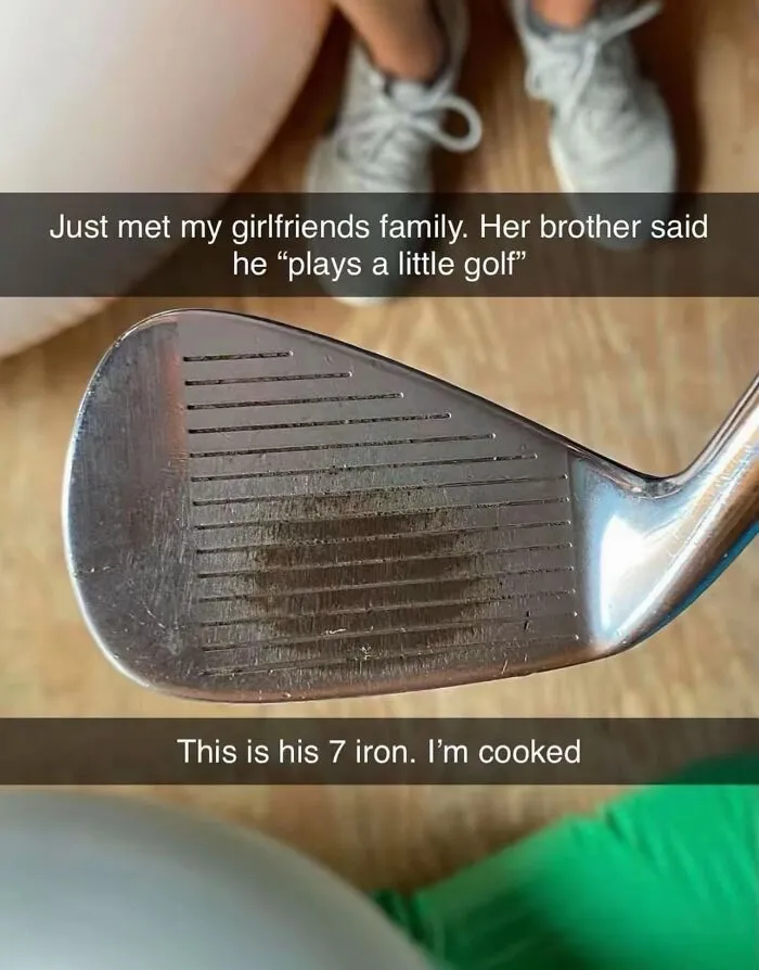 Funny post of a worn golf club face showing a perfectly centered hit mark.