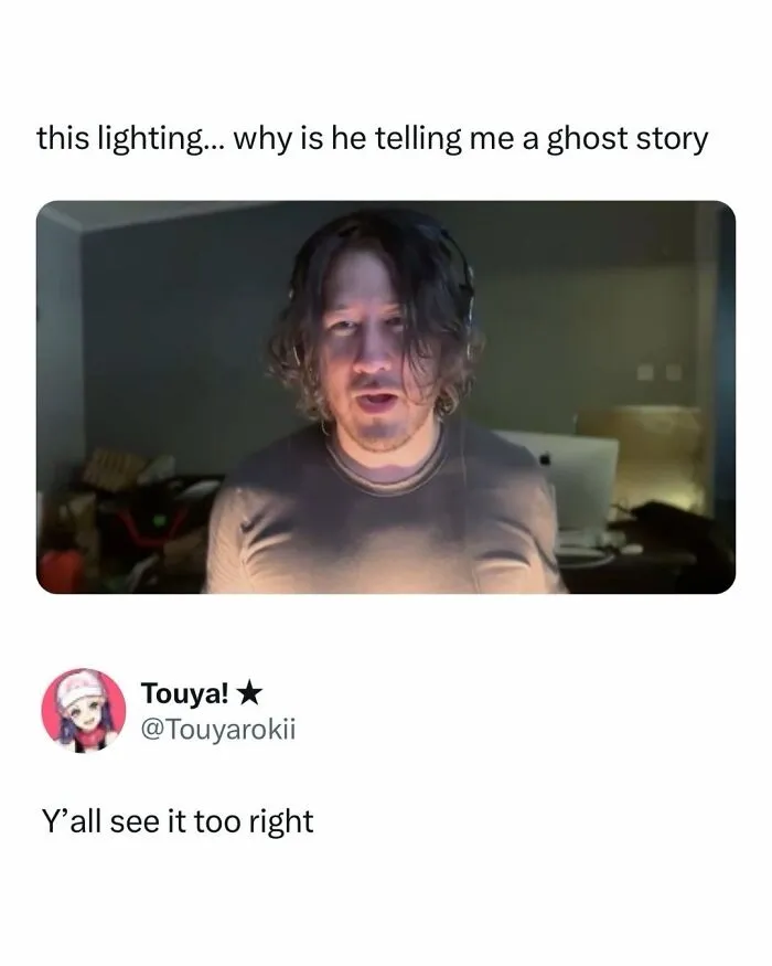 Funny and random posts featuring a content creator lit from below like a spooky story teller