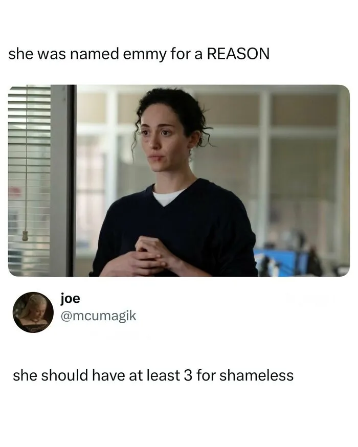 Funny and random posts screenshot featuring Emmy Rossum in Shameless with a tweet about her acting.