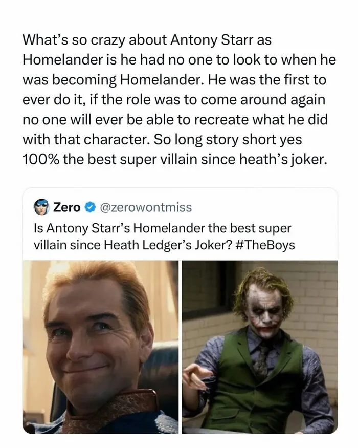 Funny and random posts tweet comparing Antony Starr as Homelander to Heath Ledger as Joker.