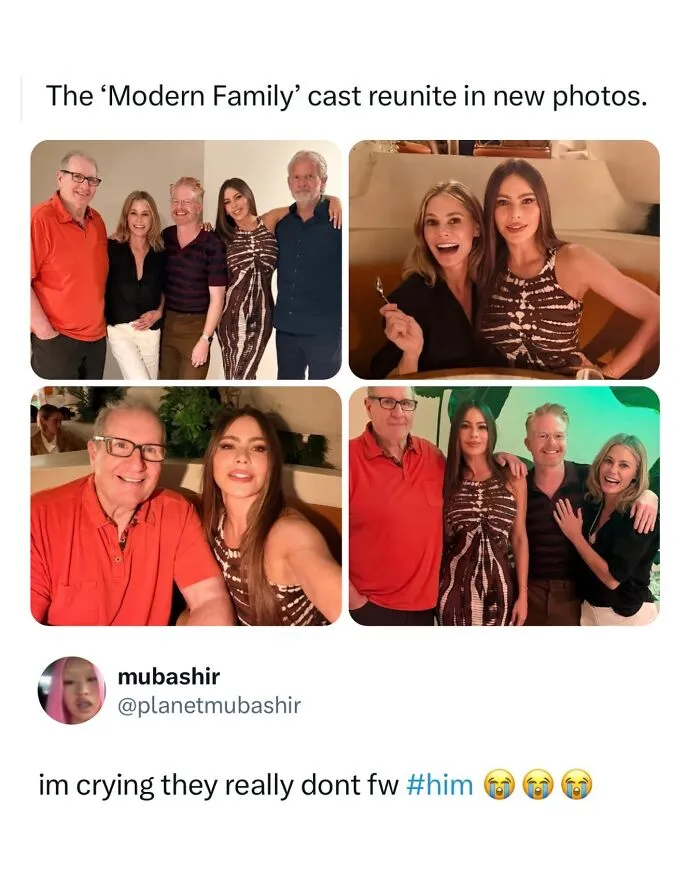 Funny and random posts showing a social media meme about a Modern Family cast reunion photo shoot