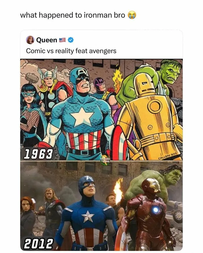 Funny and random posts side-by-side comparing 1963 comic Avengers with 2012 movie Avengers.