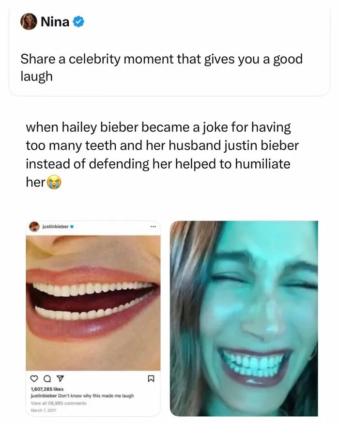 Funny post showing Justin Bieber social media meme about Hailey Bieber's teeth