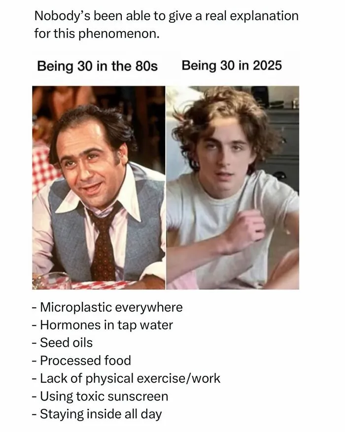 Funny and random posts comparing thirty-year-olds in the 80s to 2025 with a list of humorous reasons.