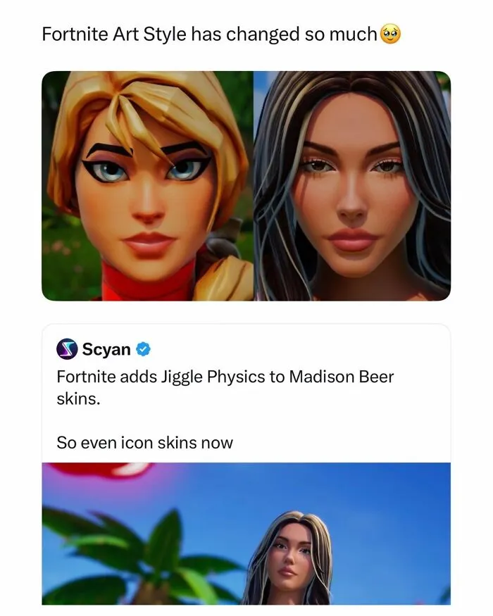 Funny and random posts screenshot showing Fortnite character art style comparison and social media caption.