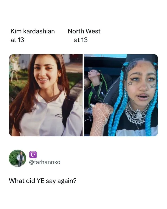 Side by side comparison of Kim Kardashian and North West at age thirteen as part of funny and random posts