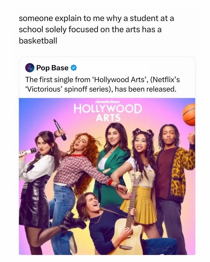 Funny and random posts screenshot questioning why an art school student is holding a basketball in a poster