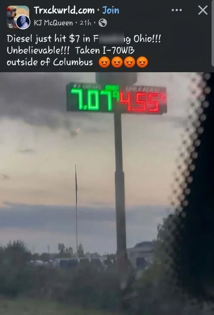 Social media post showing diesel prices reaching seven dollars in Ohio