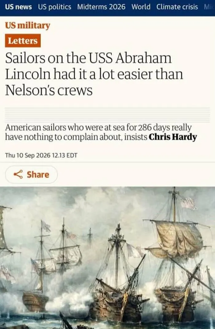 News headline contrasting US Abraham Lincoln and Nelsons crews with historic naval battle image