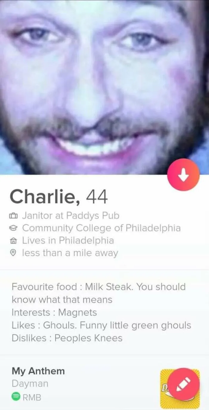 A close-up selfie of a man named Charlie on a bad dating profile with funny bios about milk steak and ghouls.