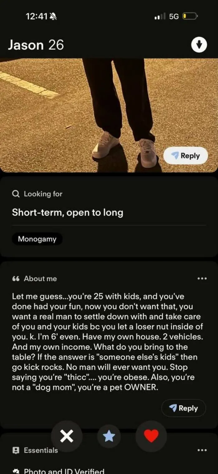 A screenshot of a hostile bio from a man named Jason, illustrating bad dating profiles found on online apps.