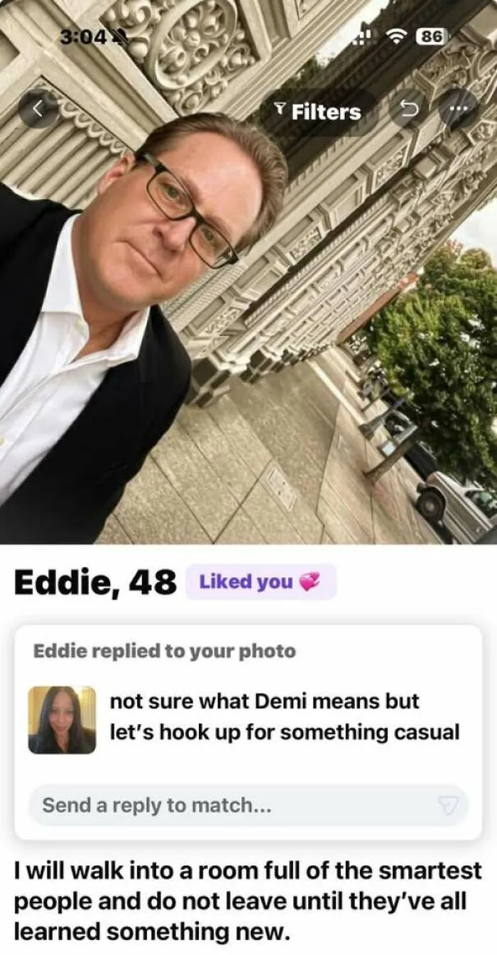 A portrait of a man named Eddie featured on a comically bad dating profile asking to hook up casually.