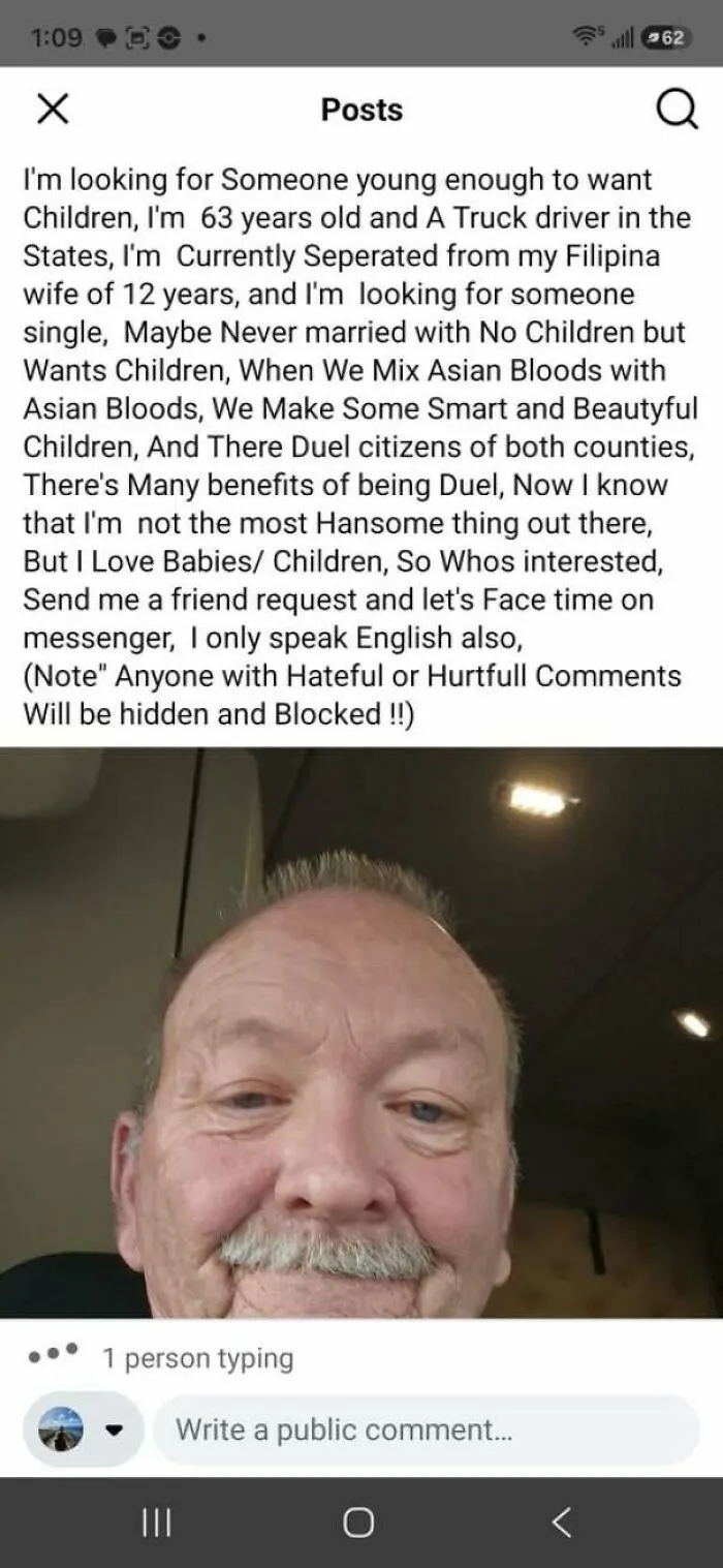 A close-up selfie of a man featured on a comically bad dating profile posting long, unusual demands for a partner.