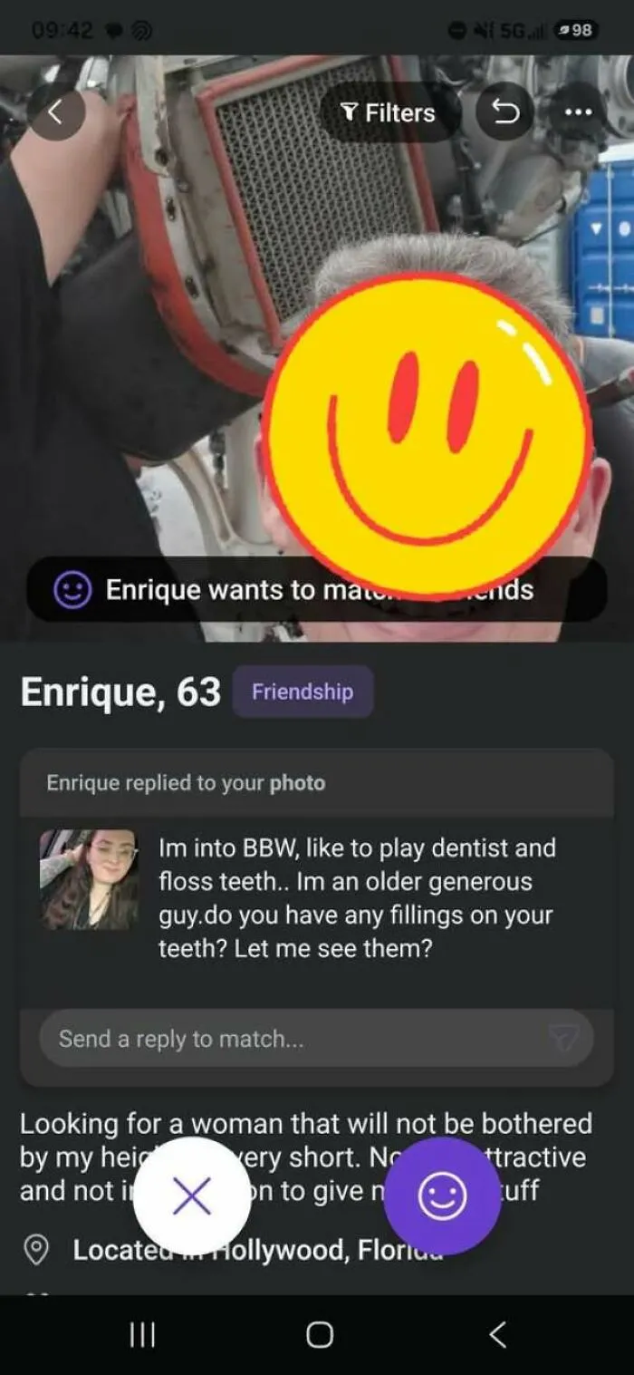 Screenshot of a bad dating profile with unusual messages about playing dentist.