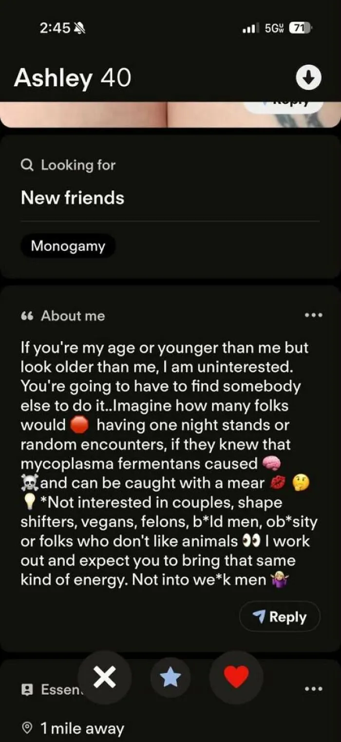 Screenshot of bad dating profile text with absurd dealbreakers and health demands.