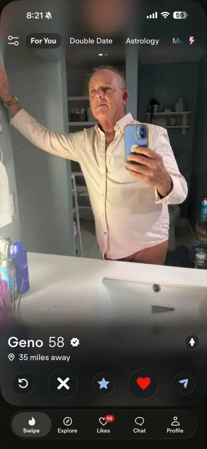 A mirror selfie of a 58-year-old man named Geno without pants on a bad dating profile interface.