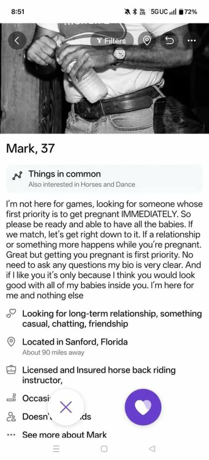 Screenshot of a bad dating profile for Mark, 37, expressing unusual demands about getting a partner pregnant.