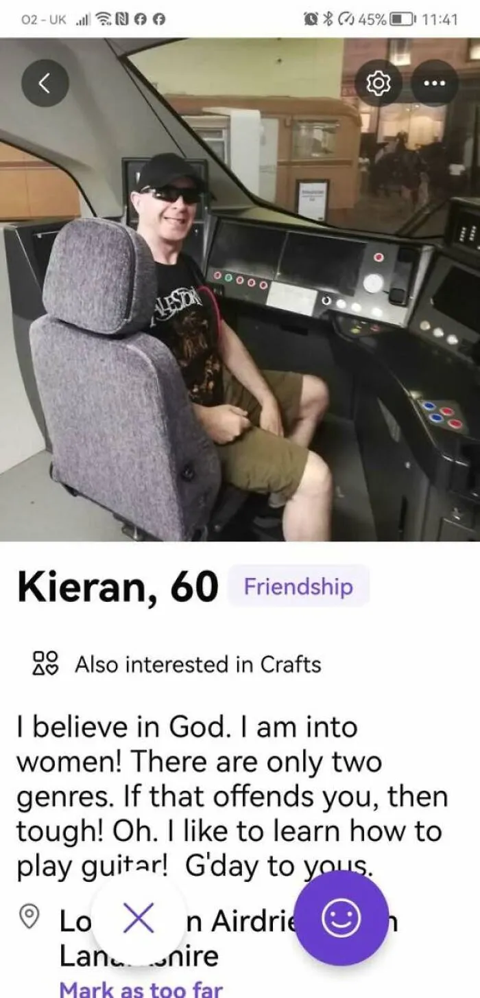 A 60-year-old man named Kieran sitting in a train cab featured on a bad dating profile with opinionated bio text.