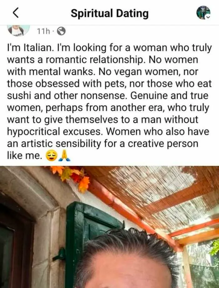 Social media post on Spiritual Dating showing a selfie and text listing strict preferences on a bad dating profile.