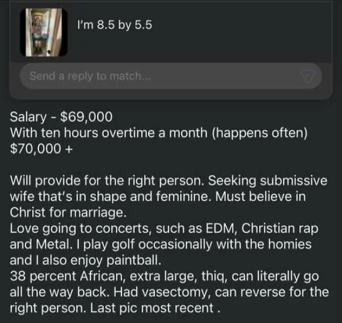 A text bio listing salary and demands on bad dating profiles.