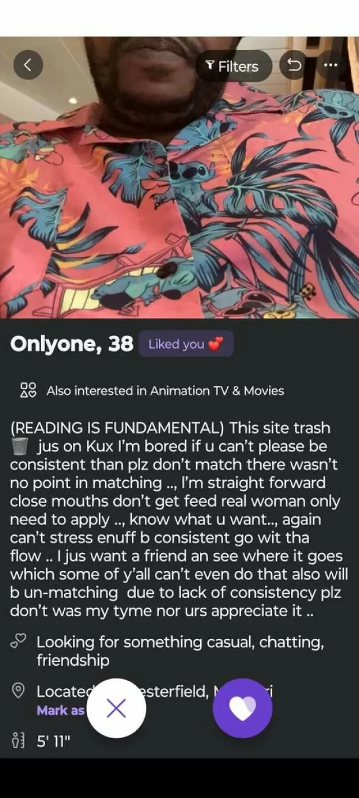 A man wearing a floral shirt featured in bad dating profiles example.