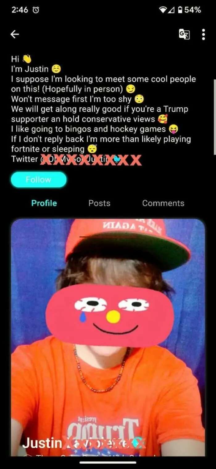 Dating app screenshot with political bio text on bad dating profiles