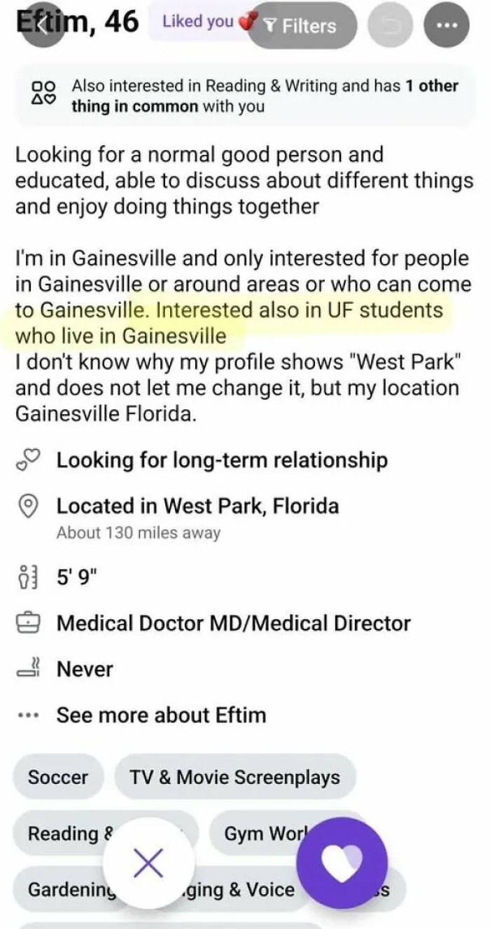 A bad dating profile bio displaying conflicting location details and specific student requirements