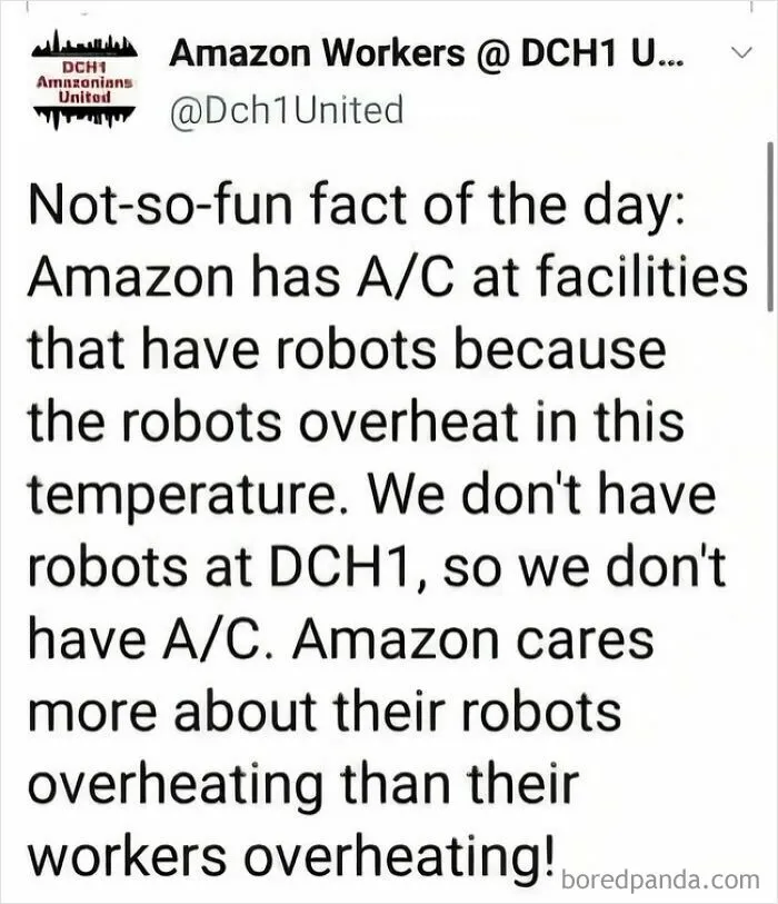 Social media post about lack of AC in an Amazon facility, showing a harsh reality of modern life in America.
