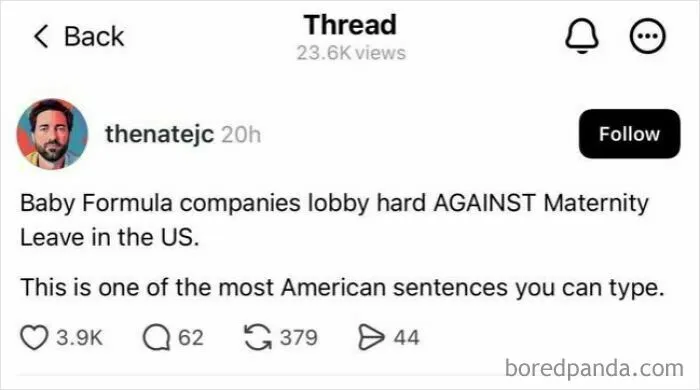 Social media post discussing baby formula and maternity leave policies in modern life in America.