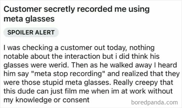 A social media post about being secretly recorded by a customer with smart glasses, showing modern life in America.