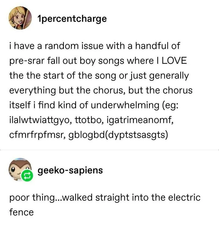Tumblr post discussing random issues with pre-star fall out boy songs and chorus