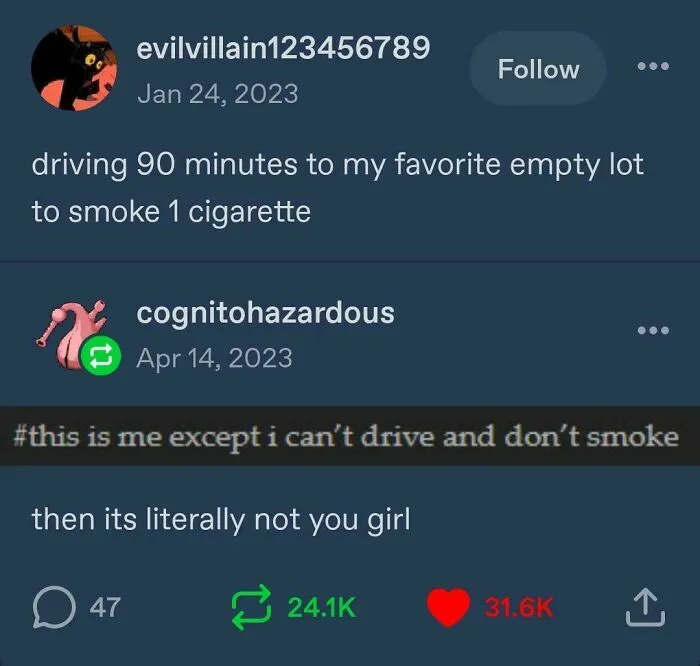 Tumblr post about driving 90 minutes to smoke a cigarette and a reply denying it