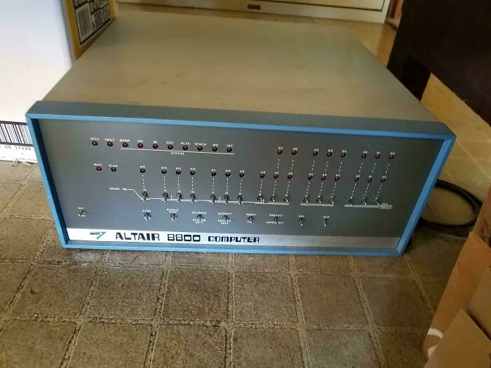 A vintage Altair 8800 computer featuring front-panel switches, a iconic piece among classic retro gadgets.